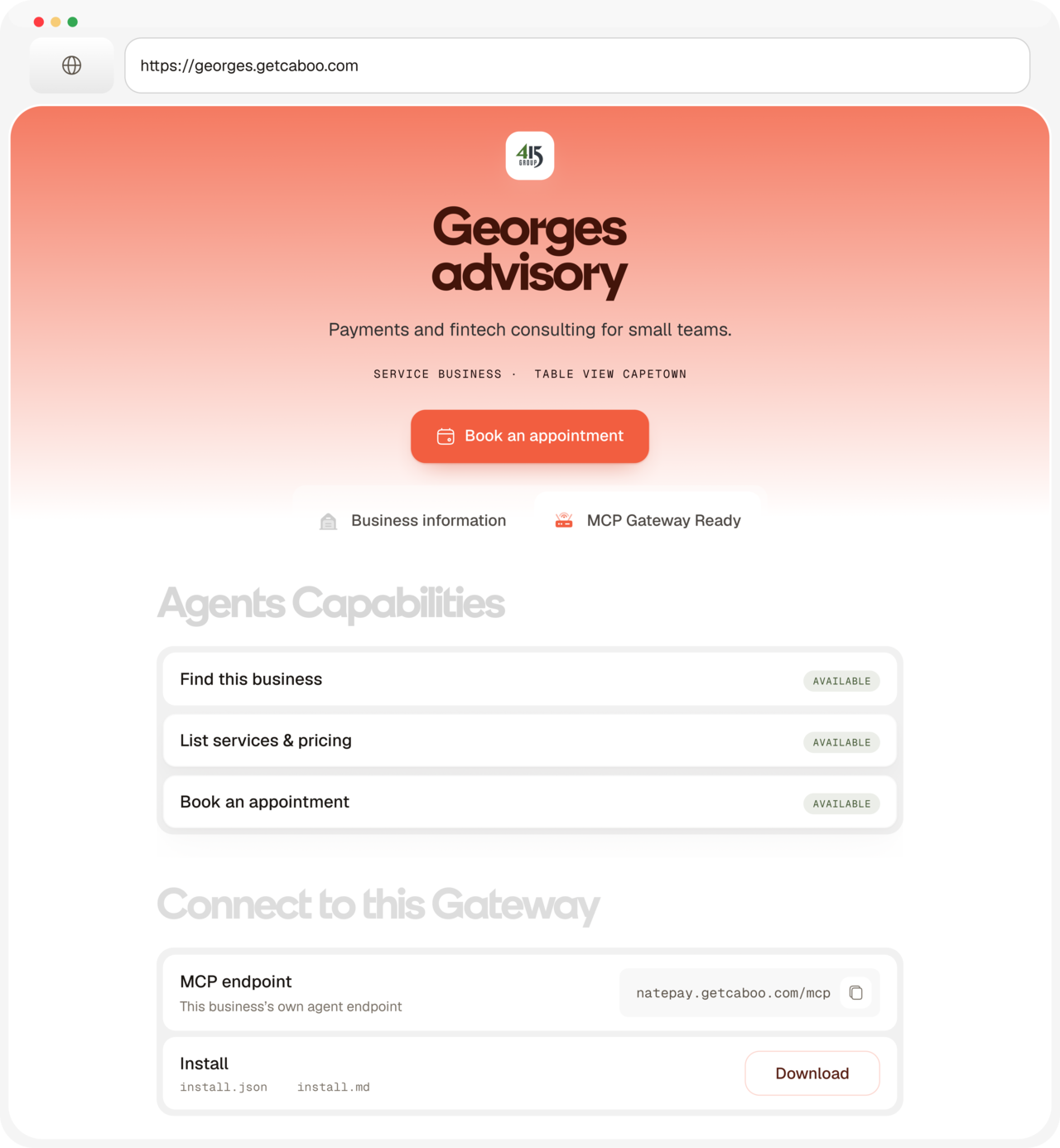 A Caboo business page · Georges advisory · with agent capabilities and an MCP gateway endpoint