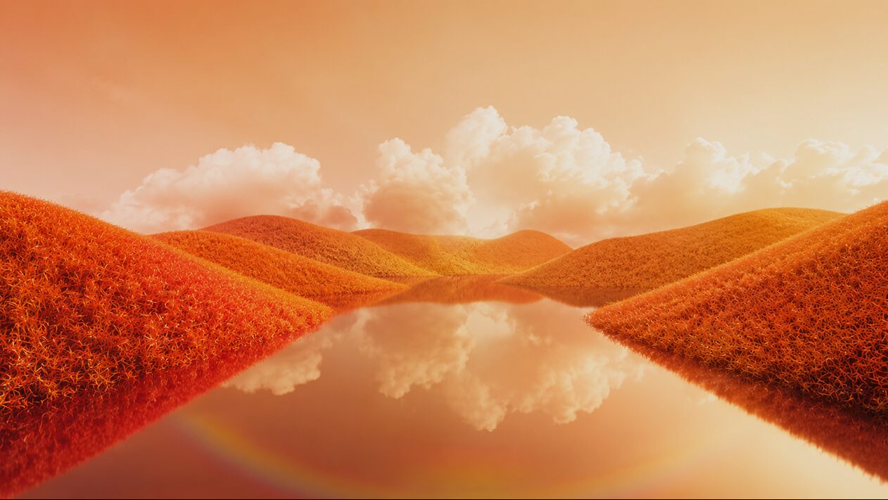 A dreamlike landscape of warm, rolling hills under soft clouds